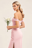 Off the Shoulder Blush Pink Satin Sheath Bridesmaid Dress with Slit