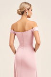 Off the Shoulder Blush Pink Satin Sheath Bridesmaid Dress with Slit