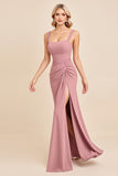 Blush Pink Sheath Chiffon Spaghetti Straps Long Bridesmaid Dress with Slit