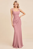 Blush Pink Sheath Chiffon Spaghetti Straps Long Bridesmaid Dress with Slit