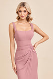 Blush Pink Sheath Chiffon Spaghetti Straps Long Bridesmaid Dress with Slit