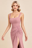 Blush Pink Sheath Chiffon Spaghetti Straps Long Bridesmaid Dress with Slit