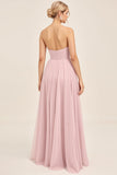 Candy Pink A Line Tulle Strapless Ruched Bridesmaid Dress