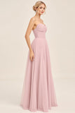 Candy Pink A Line Tulle Strapless Ruched Bridesmaid Dress