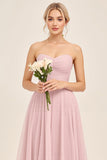 Candy Pink A Line Tulle Strapless Ruched Bridesmaid Dress