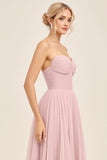 Candy Pink A Line Tulle Strapless Ruched Bridesmaid Dress