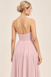 Candy Pink A Line Tulle Strapless Ruched Bridesmaid Dress