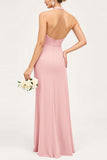 Candy Pink Halter Ruched Chiffon Sheath Bridesmaid Dress with Slit