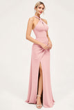 Candy Pink Halter Ruched Chiffon Sheath Bridesmaid Dress with Slit