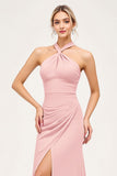 Candy Pink Halter Ruched Chiffon Sheath Bridesmaid Dress with Slit