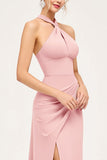 Candy Pink Halter Ruched Chiffon Sheath Bridesmaid Dress with Slit
