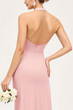 Candy Pink Halter Ruched Chiffon Sheath Bridesmaid Dress with Slit