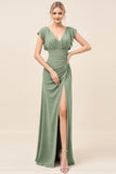 Eucalyptus Sheath V Neck Ruched Long Bridesmaid Dress with Slit