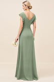 Eucalyptus Sheath V Neck Ruched Long Bridesmaid Dress with Slit