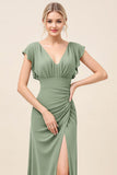 Eucalyptus Sheath V Neck Ruched Long Bridesmaid Dress with Slit
