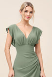 Eucalyptus Sheath V Neck Ruched Long Bridesmaid Dress with Slit