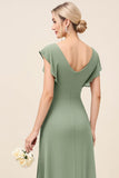 Eucalyptus Sheath V Neck Ruched Long Bridesmaid Dress with Slit