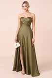 A Line Strapless Olive Ruched Bridesmaid Dress with Slit
