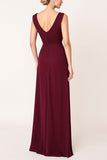 Burgundy A Line V Neck Long Bridesmaid Dress with Slit