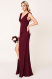 Burgundy A Line V Neck Long Bridesmaid Dress with Slit