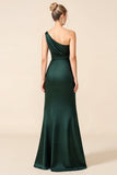 Pine Sheath Ruched One Shoulder Long Bridesmaid Dress with Slit