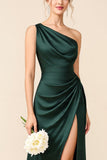 Pine Sheath Ruched One Shoulder Long Bridesmaid Dress with Slit