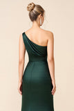 Pine Sheath Ruched One Shoulder Long Bridesmaid Dress with Slit