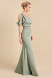 Matcha One Shoulder Sheath Chiffon Ruched Bridesmaid Dress