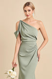 Matcha One Shoulder Sheath Chiffon Ruched Bridesmaid Dress