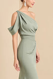 Matcha One Shoulder Sheath Chiffon Ruched Bridesmaid Dress