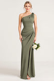Eucalyptus One Shoulder Sheath Bridesmaid Dress with Slit