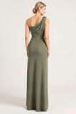 Eucalyptus One Shoulder Sheath Bridesmaid Dress with Slit
