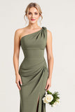 Eucalyptus One Shoulder Sheath Bridesmaid Dress with Slit
