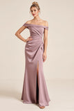 Vintage Mauve Sheath Off The Shoulder Bridesmaid Dress with Slit