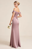 Vintage Mauve Sheath Off The Shoulder Bridesmaid Dress with Slit