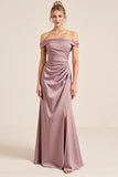Vintage Mauve Sheath Off The Shoulder Bridesmaid Dress with Slit