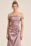 Vintage Mauve Sheath Off The Shoulder Bridesmaid Dress with Slit