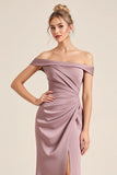 Vintage Mauve Sheath Off The Shoulder Bridesmaid Dress with Slit