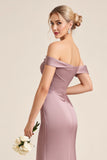 Vintage Mauve Sheath Off The Shoulder Bridesmaid Dress with Slit
