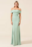 Off The Shoulder Mint Sheath Long Bridesmaid Dress