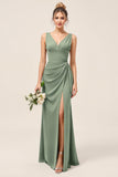 Eucalyptus V Neck Sheath Long Bridesmaid Dress with Slit