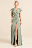 Matcha V Neck Sheath Long Bridesmaid Dress with Slit