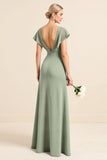 Matcha V Neck Sheath Long Bridesmaid Dress with Slit