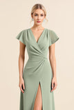 Matcha V Neck Sheath Long Bridesmaid Dress with Slit