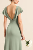 Matcha V Neck Sheath Long Bridesmaid Dress with Slit