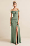 Eucalyptus A Line Off The Shoulder Long Bridesmaid Dress with Slit