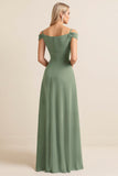 Eucalyptus A Line Off The Shoulder Long Bridesmaid Dress with Slit