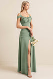 Eucalyptus A Line Off The Shoulder Long Bridesmaid Dress with Slit