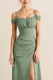 Eucalyptus A Line Off The Shoulder Long Bridesmaid Dress with Slit