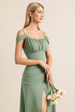 Eucalyptus A Line Off The Shoulder Long Bridesmaid Dress with Slit